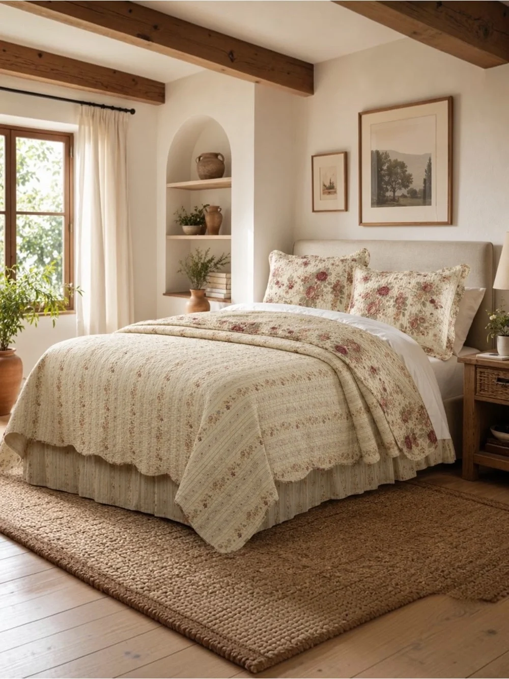 NEW Anthro White Red Floral Cream Queen King Quilt Bedspread Bedding & Sham Set